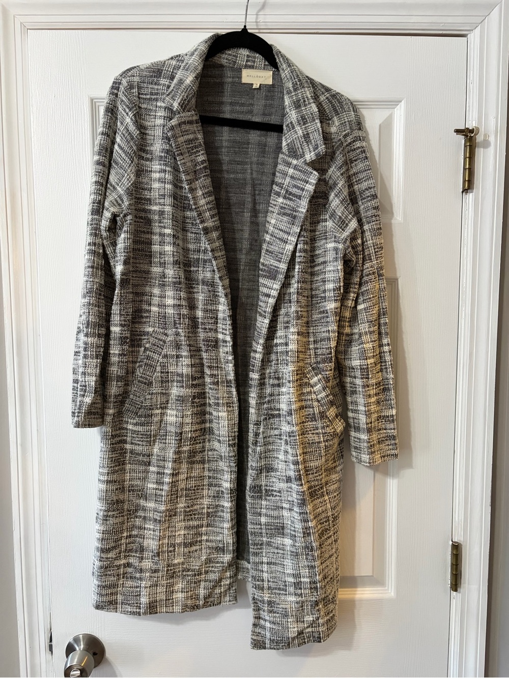 MELLODAY Gray and Cream Plaid Open-Front Trench Coat